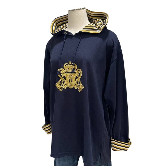 Folette Navy Blue Hoodie Embroidered Gold Crest Nautical Preppy Retro Casual - Picture 6 of 9
